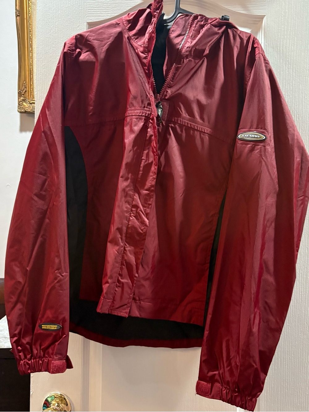 Men's Maroon Hooded Raincoat with Logo Patch